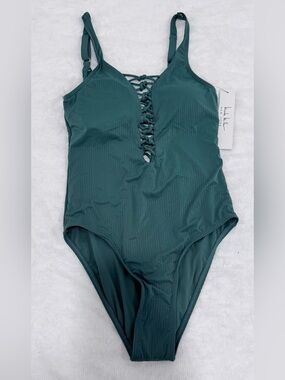Nicole Miller Ribbed Lace-Up One Piece Swimsuit Jasper Green Women’s Size S NWT